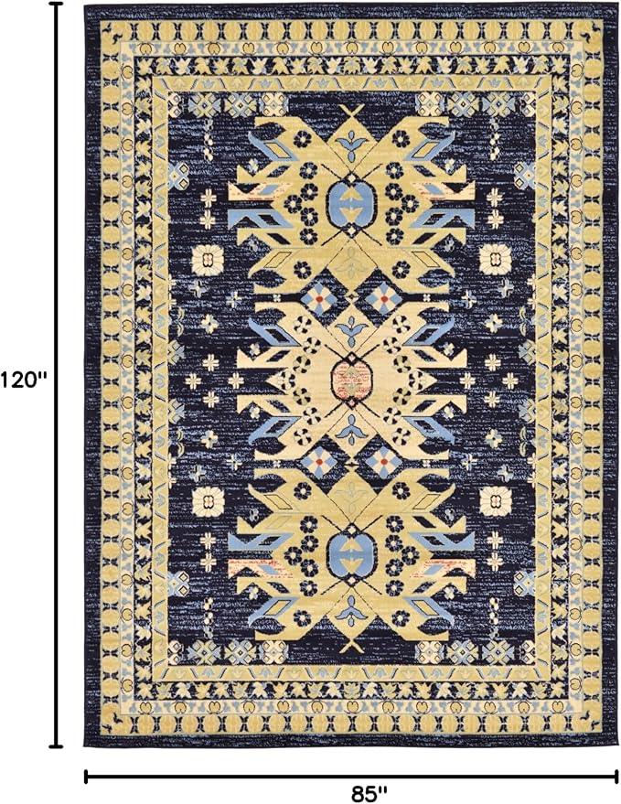 Unique Loom Taftan Collection Border Geometric Tribal Inspired Design Area Rug (7' 0 x 10' 0 Rectangular, Navy Blue/ Gold)