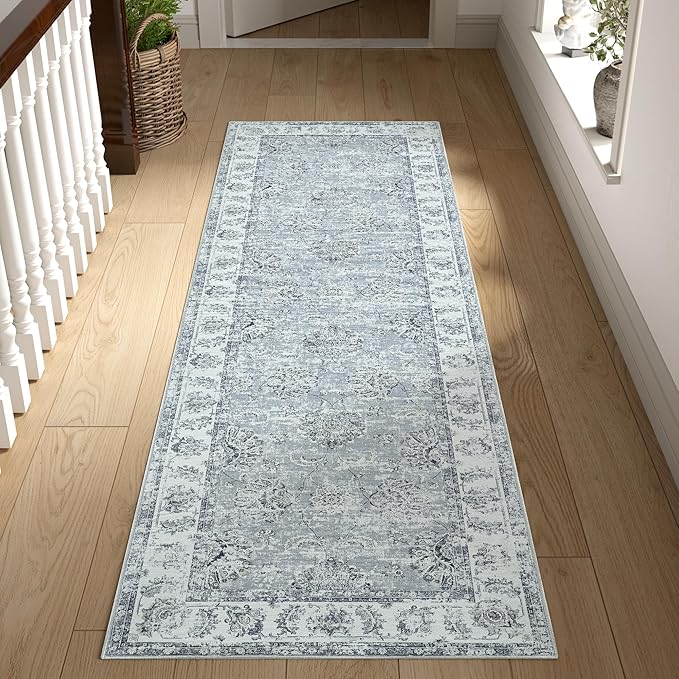 jinchan Fiora Runner Rug 2x5 Washable Hallway Runner- Vintage Floral Non Slip Low-Pile Soft Thin Kitchen Rug Distressed Carpet for Farmhouse Bedroom Entryway Laundry Room(2x5ft, Grey)