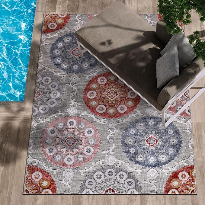 CAMILSON Indoor Outdoor Rug 8x10 Bohemian Medallion Floral Area Rugs for Indoor and Outdoor Patios Easy-Cleaning Non-Shedding Living Room Garden and Kitchen Washable Outside Carpet (8 x 10-Multicolor)