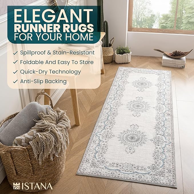 Istana Hallway Runner Rug 2.5x8 – Pink Beige Whisper/Grey/Blue Entryway Rug -Silk's Soft Touch Runners for Hallways - Stylish Kitchen Runner Rug Non Slip