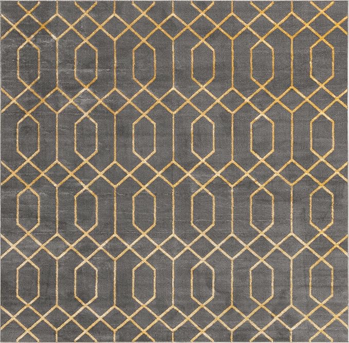 Unique Loom Glam Collection Area Rug - Trellis (7' 10" Square, Gray Gold/ Gold)