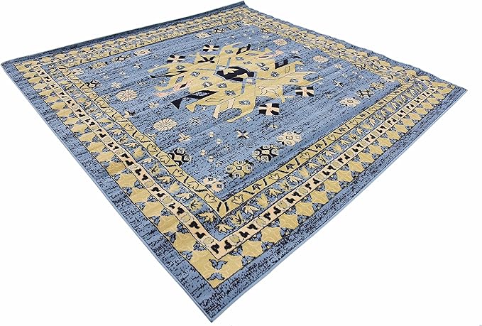 Unique Loom Taftan Collection Border Geometric Tribal Inspired Design Area Rug, 8 ft, Light Blue/Gold