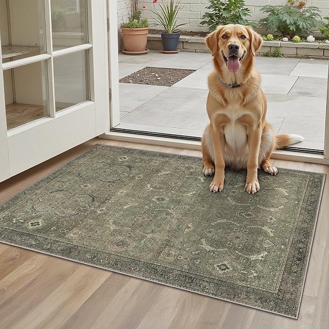 2x3 Entrance Rug Machine Washable Rug Small Door Mat,Ultra-Thin Low Pile Pad,Lightweight Indoor Carpet,Non Slip Floral Area Rug for Entryway,Bedside,Kids Room,Laundry,Bathroom,Muted Green