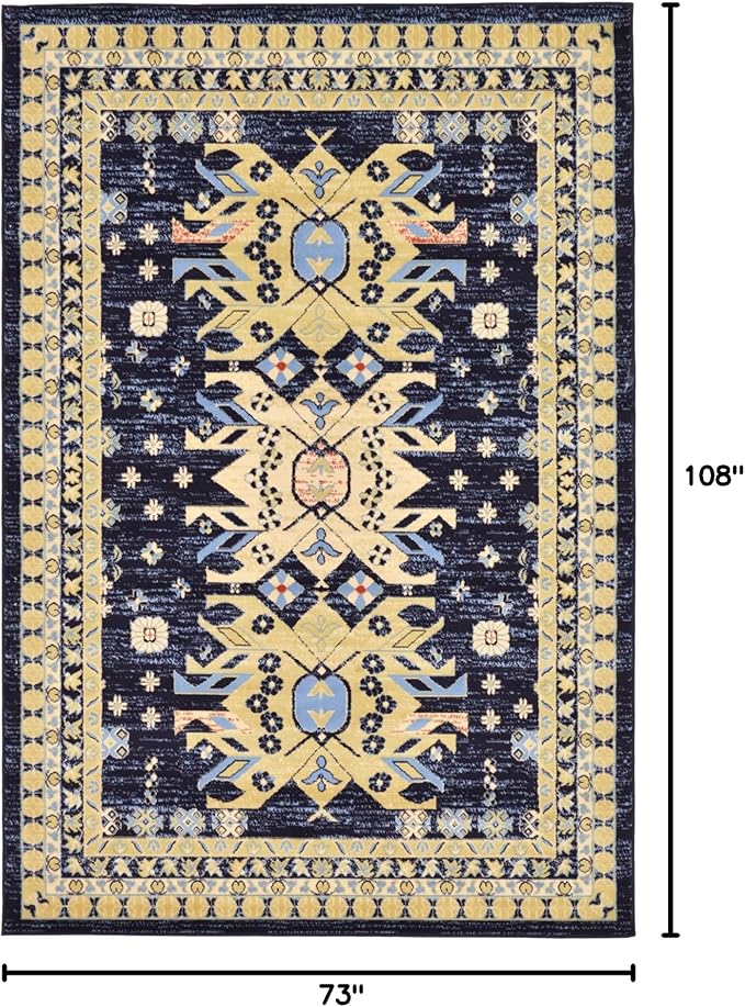 Unique Loom Taftan Collection Border Geometric Tribal Inspired Design Area Rug (6' 0 x 9' 0 Rectangular, Navy Blue/ Gold)