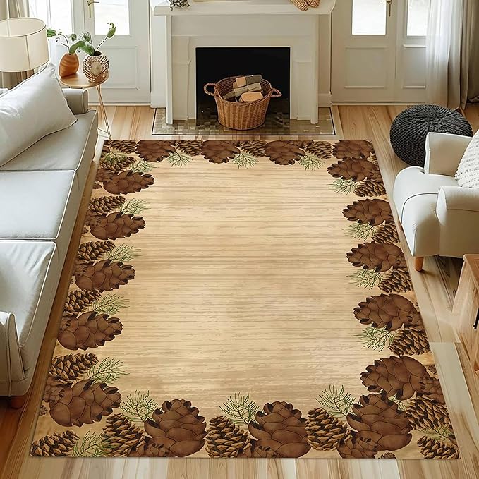 Rustic Lodge Brown Area Rug 4x6ft Pine Cone Leaf Botanical Print Home Decor Non Slip Washable Rug Pine Cones Area Rug Low Pile Thin Indoor Throw Carpet Rug for Laundry Dining Room Office