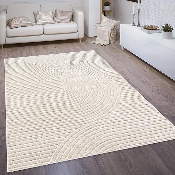 Paco Home Modern Area Rug with Raised Curved Line Pattern – Minimalist Design in Cream, Size: 7'10" x 11'2"