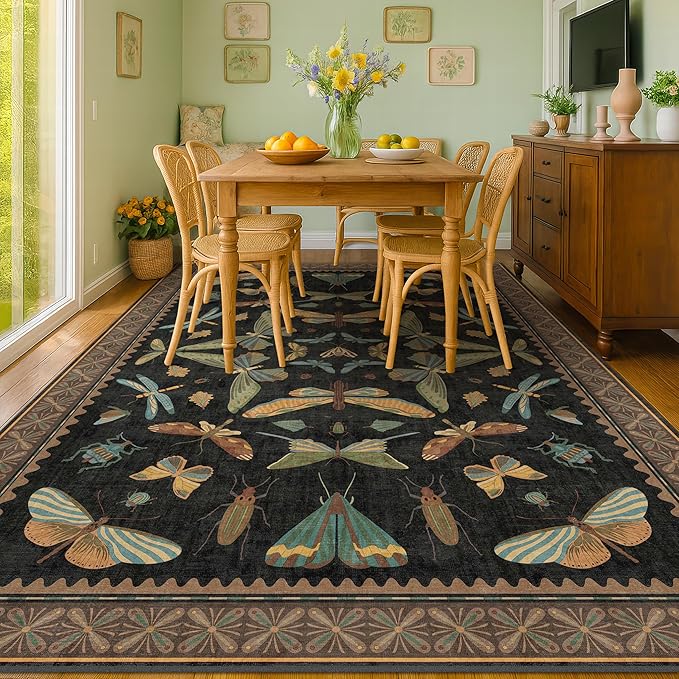 Living Room Rug Black Boho 6x9 - Dining Room Rugs for Under Table, Bedroom, Insect Bug Eclectic Home Décor, Washable Non Slip Foldable