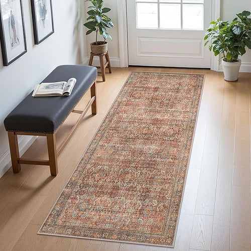 2x8 Runner Rug Machine Washable Boho Runners for Hallway,Ultra-Thin Low Pile Rug,Lightweight Indoor Carpet,Non Slip Floral Runners for Enrtyway, Corridor, Home Office, Kitchen,Terracotta/Indigo