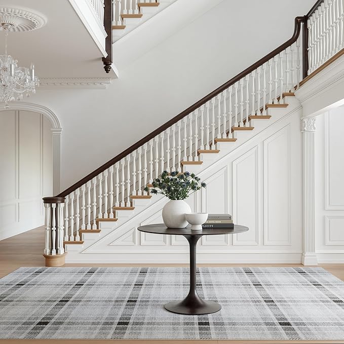 Dash & Albert Andri Plaid Black Machine Washable Rug, 8.5 X 11.5 Feet, Black/White Plaid Pattern
