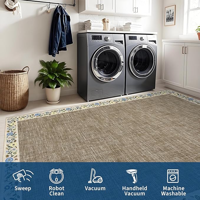 GarveeHome Washable Rugs for Living ROM 8 x 10 Large Area Rug Farmhouse Floral Bordered Bedroom Carpet Indoor Non-Slip Nursery Mat Soft Non Shedding Stain Resistant Carpet for Dining Room, Dark Camel