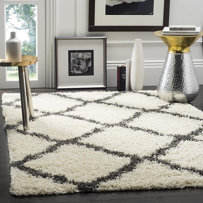 SAFAVIEH Dallas Shag Collection Area Rug - 6' x 9', Ivory & Dark Grey, Trellis Design, Non-Shedding & Easy Care, 1.5-inch Thick Ideal for High Traffic Areas in Living Room, Bedroom (SGD257H)