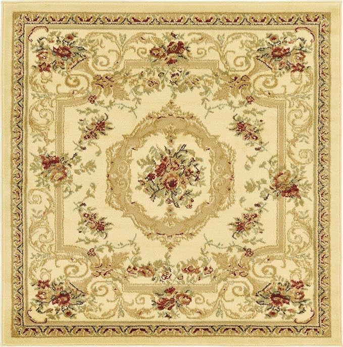 Rugs.com Chateau Collection Rug – 4 Ft Square Cream Medium Rug Perfect for Living Rooms, Kitchens, Entryways