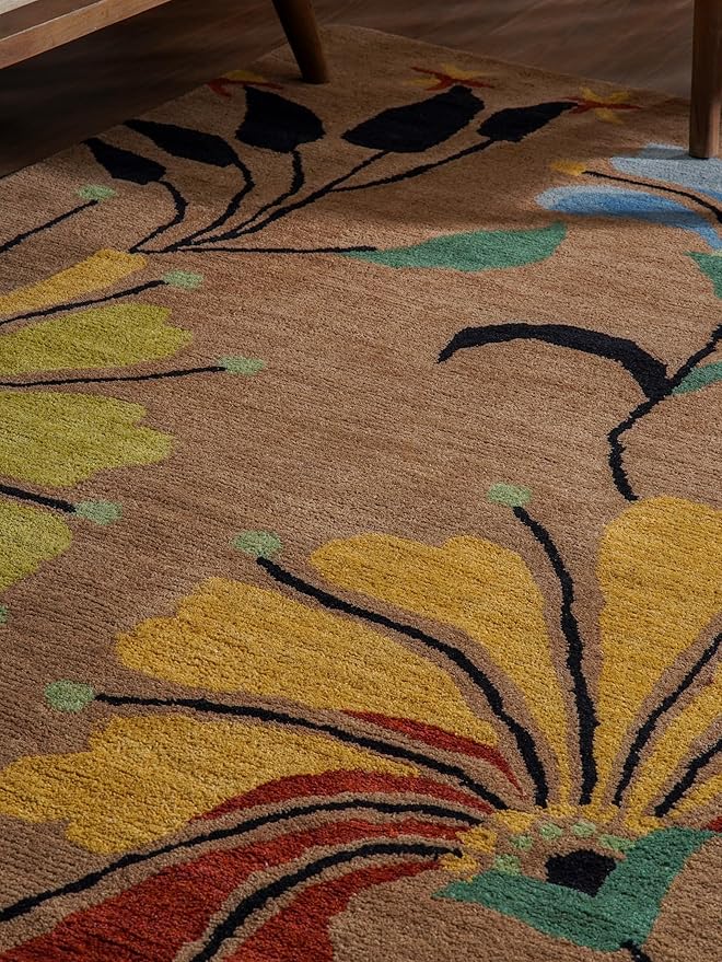Rugsotic Carpets Hand Tufted Wool ECO-Friendly Area Rugs - 4'x6', Rectangle Shape, Camel, Floral Modern Design, High Pile Thick Handmade Anti Skid Area Rugs for Living Room, Bed Room (K00219)