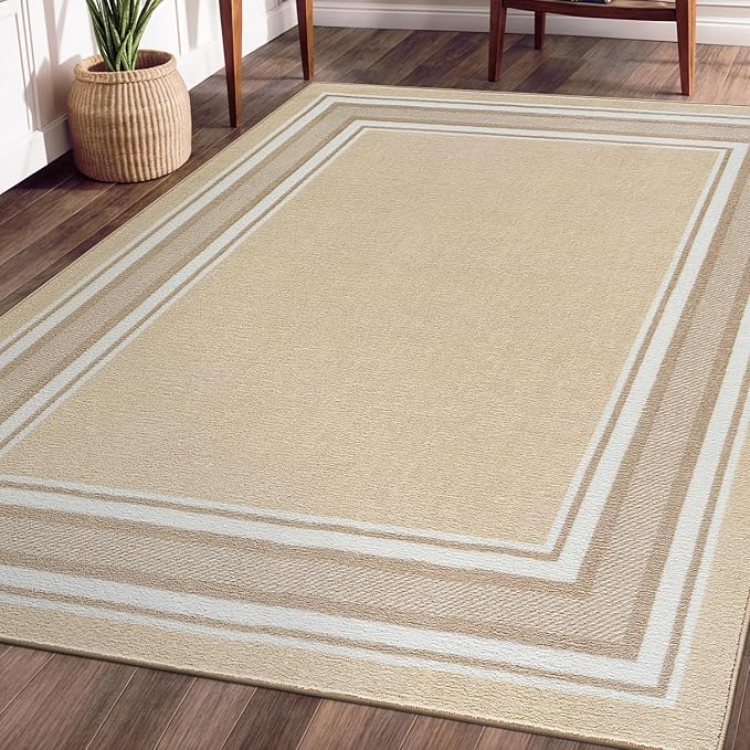 Beverly Rug Non Slip Area Rugs 3x5 Modern Bordered Non Skid Rubber Backing Soft Area Rug for Living Dining Room Easy to Clean Non Shedding Kitchen Bedroom Indoor Carpet 3 x 5 Beige