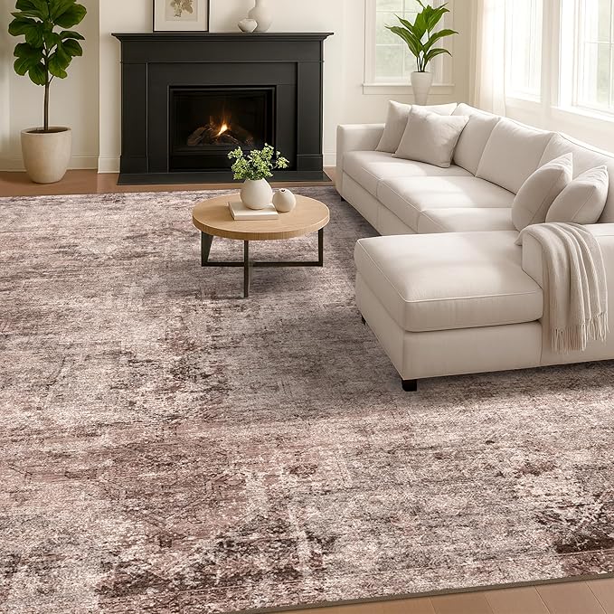 Rustic Brown Abstract 5x7 Rug for Bedroom - Office Rug for Home Office, Living Room, Taupe with red Accent, Washable, Non Slip & Soft, Medallion Indoor Décor
