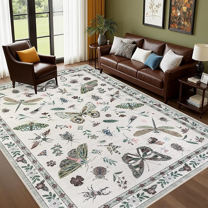 9x12 Area Rugs Living Room Rug: Vintage Washable Rug Floral Soft Carpet Indoor Floor Non-Slip Boho Stain Resistant Large Carpets for Bedroom Kids Nursery Dining Room Farmhouse Home Office Beige