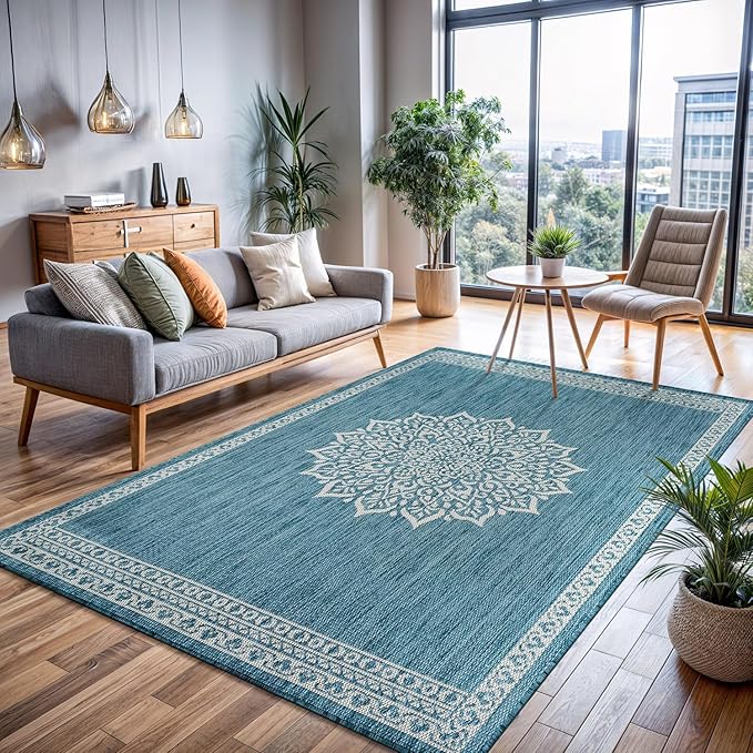 CAMILSON Outdoor Rug 6x9 Medallion Aqua Modern Area Rugs for Indoor and Outdoor Patios Kitchen and Hallway Mats Washable Porch Deck Outside Carpet (Medallion Aqua 6 x 9)