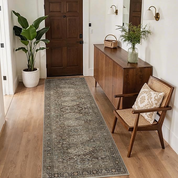 Bavni Vintage Runner Rug 2'6"x7', Distressed Oriental Hallway Carpet, Washable Low Pile Non-Slip Long Rug for Entryway, Kitchen, Bedroom, Living Room, Brown