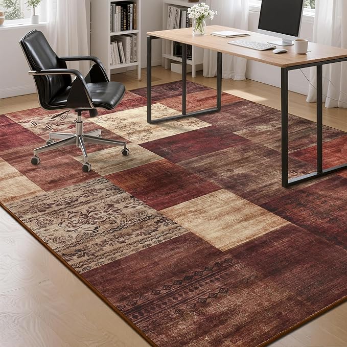 Tepook Modern Area Rug for Living Room, 8x10 Geometric Large Rugs for Bedroom, Washable Patchwork Rug Indoor Non-Slip Throw Carpets for Dining Room Office Farmhouse Home Decor, Red