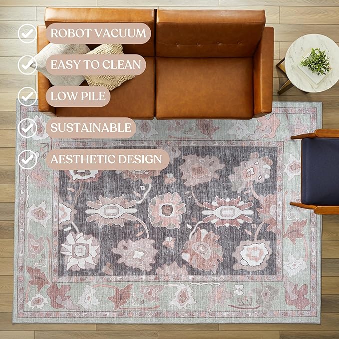 Fame Living Navy Blue Oushak Runner Rug, Modern Runners, Vintage, Turkish, Eclectic, Floral, Pastel, Washable, Long Runner Rugs for Hallway, Kitchen, Living Room, Bedroom, Kitchen, Bathroom, 2'5"x13'