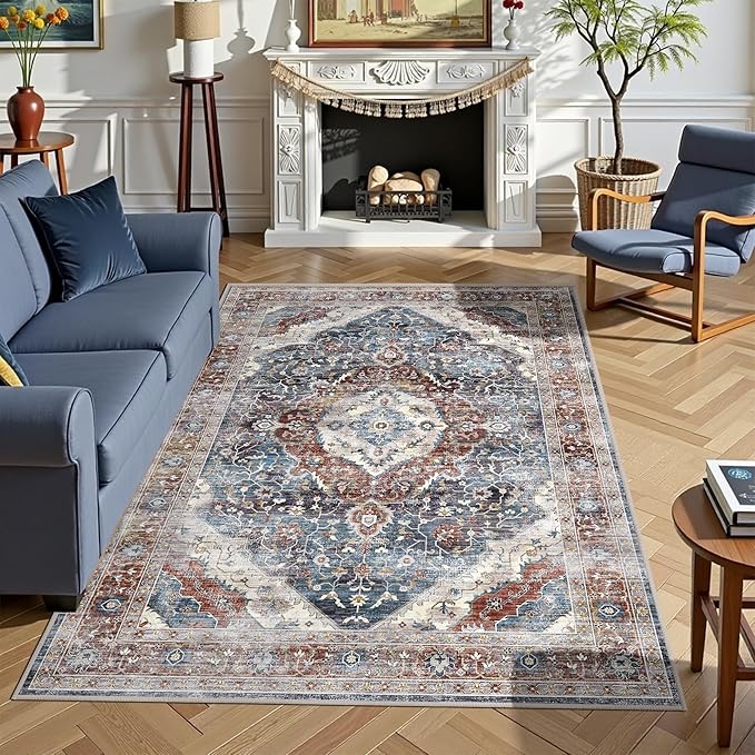 Deerly Boho Area Rug 4x6 Bedroom Rugs Ultra Soft Indoor Washable Rugs for Living Room Bedroom Laundry Room Decor, Low Pile Non-Slip Backing(Border Brown/Navy Blue)