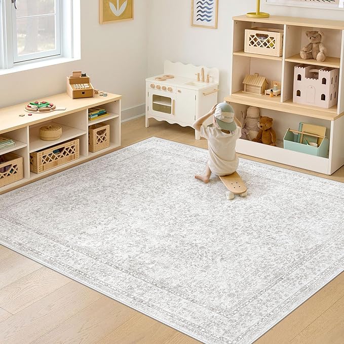 6x9 Area Rugs for Living Room: Washable Vintage Floral Rug Low Pile Non-Slip Boho Carpet for Nursery Bedroom Dining Room (Floral Grey, 6'x9')