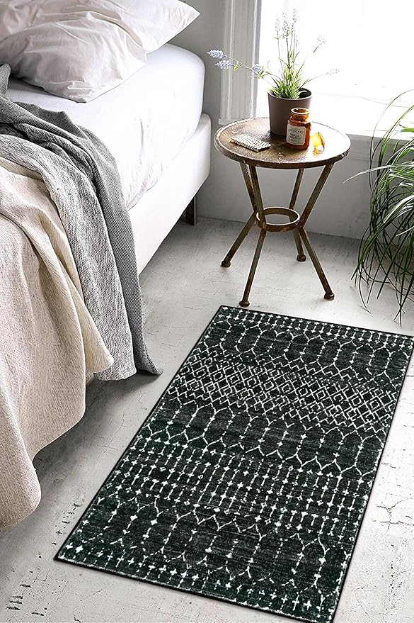 Lahome Moroccan Entry Rug 2x3, Non-Slip Washable Front Indoor Door Mat Rubber Backing Low-Profile Door Rugs, Small Geometric Print Distressed for Entryway Bathroom Kitchen, Black