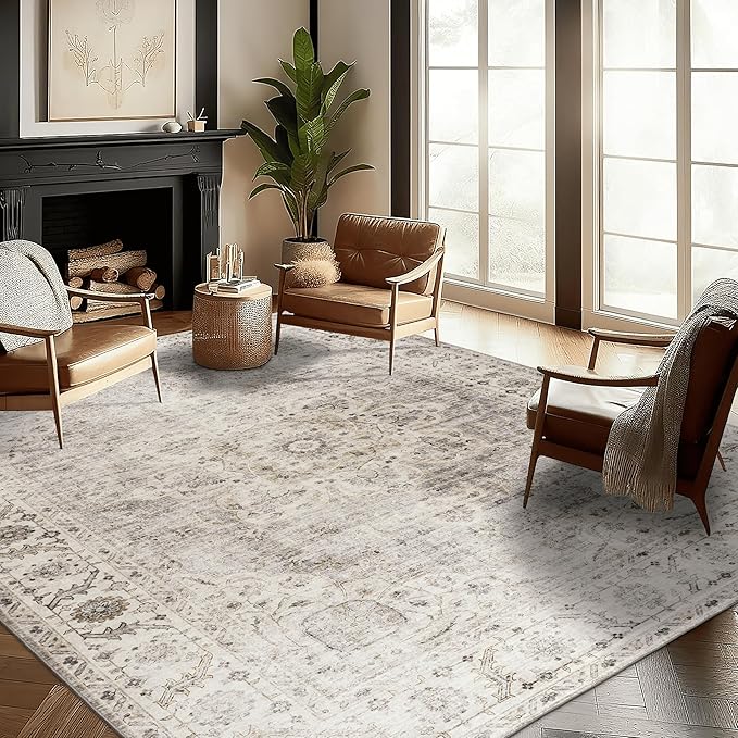 ReaLife Rugs Machine Washable Area Rug - Living Room Bedroom Bathroom Kitchen Entryway Office - Padded Low Pile Stain Resistant Premium - Boho Farmhouse Vintage - Joy - Beige Ivory 5' x 7'