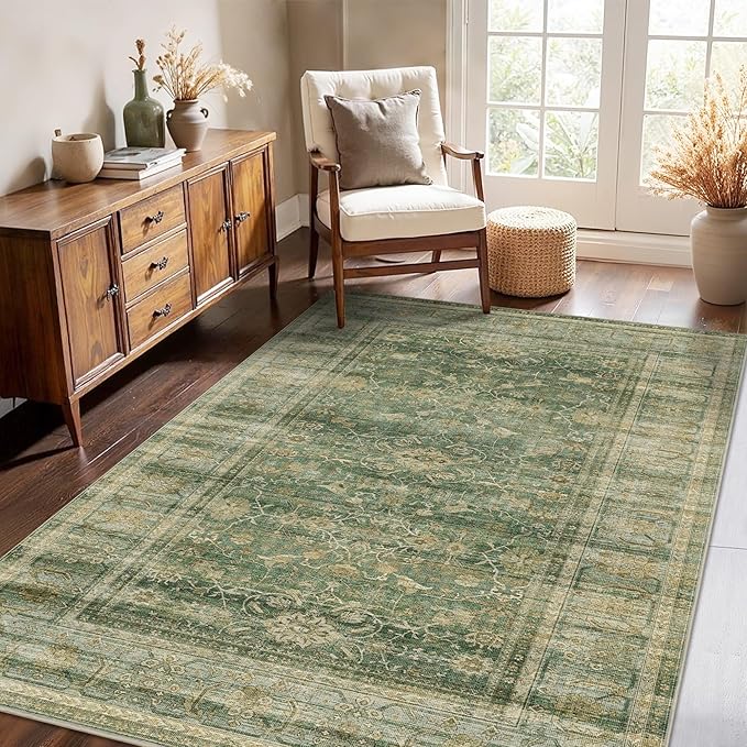 HelloTree Vintage Area Rug 4x6 Entryway Office Washable Carpet Non Slip Backing Printed Distressed Rugs for Bedroom Vintage Boho Tribal Area Rugs for Bathroom Bedroom Dining Living Room-Green