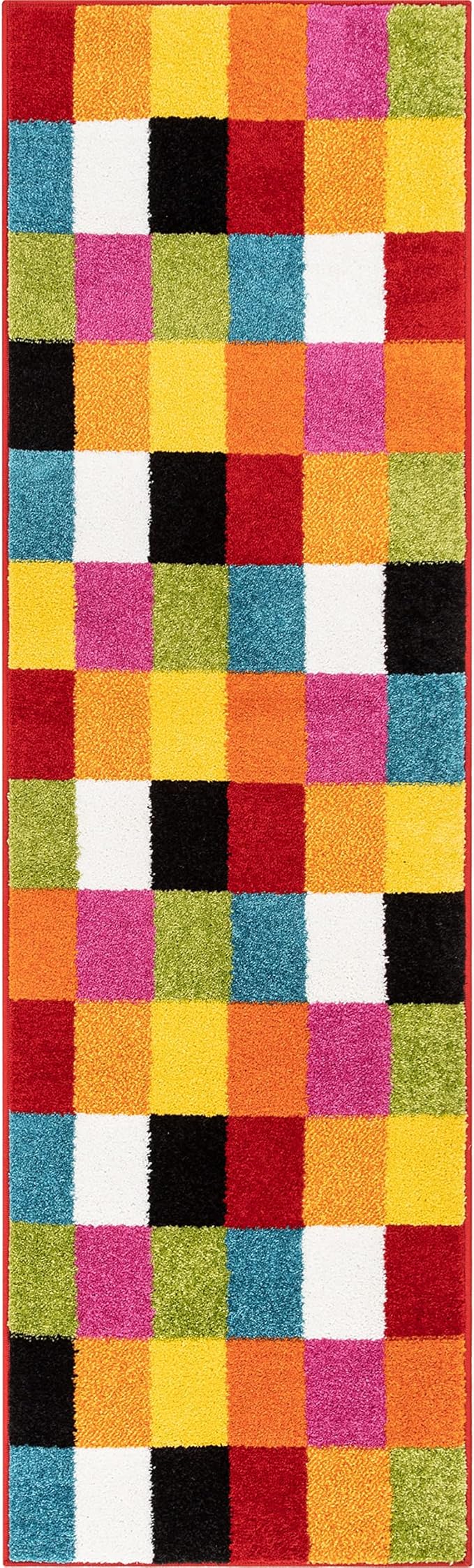 Well Woven Modern Rug Squares Multi Geometric Accent 2'3" x 7'3" Runner Entry Way Bright Kids Room Kitchen Bedroom Carpet Bathroom Soft Durable Area Rug