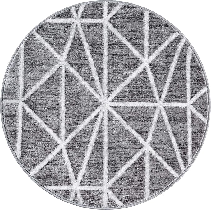 Rugs.com Lattice Trellis Collection Rug – 3 Ft Round Gray Low-Pile Rug Perfect for Kitchens, Dining Rooms