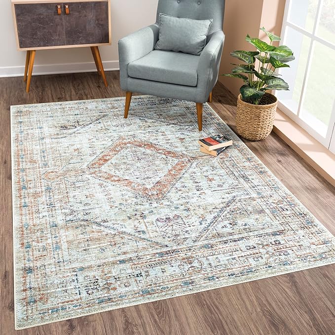Bloom Rugs Washable Non-Slip 4' x 6' Rug - Peach/Beige Traditional Area Rug for Living Room, Bedroom, Dining Room, and Kitchen - Exact Size: 4' x 6'