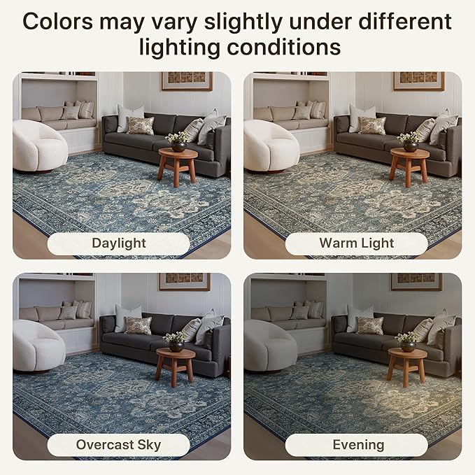 Bavni Washable Runner Rug 2’6”x10’, Non Slip Long Hallway Runner, Vintage Aesthetic Ultra Thin Low Pile Washable Carpet for Kitchen Bedroom, Blue