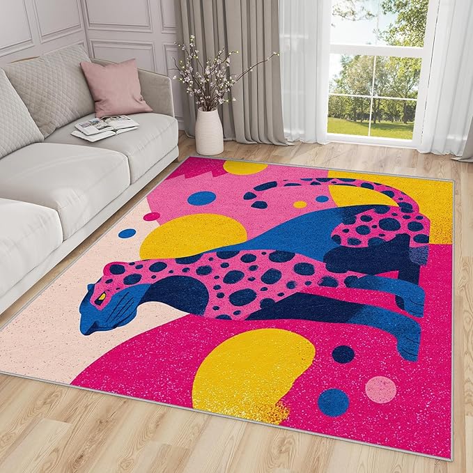 Leopard Large Area Rug 8x10 - Colorful Abstract Geometric Animal Pop Art Rugs for Living Room Non Slip Low Pile Machine Washable Dining Room Rug, Leopard Carpet Home Decor & Gifts