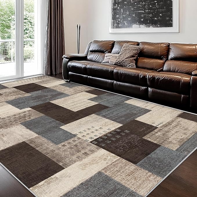 Modern Geometric Patchwork Indoor Area Rug for Living Room, Blue-Taupe 5'x 7' Large Rug Rockwood Collection Hardwood Floors Decor for Bedroom, Blue Throw Carpet for Office Entryway Dining Room