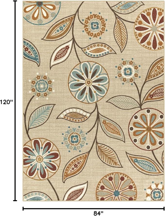 Maples Rugs Reggie Floral Area Rug - Made in USA - Low Pile, Non Slip, Pet-Friendly Mat for Living Room, Bedroom, and Office, 7' x 10', Beige