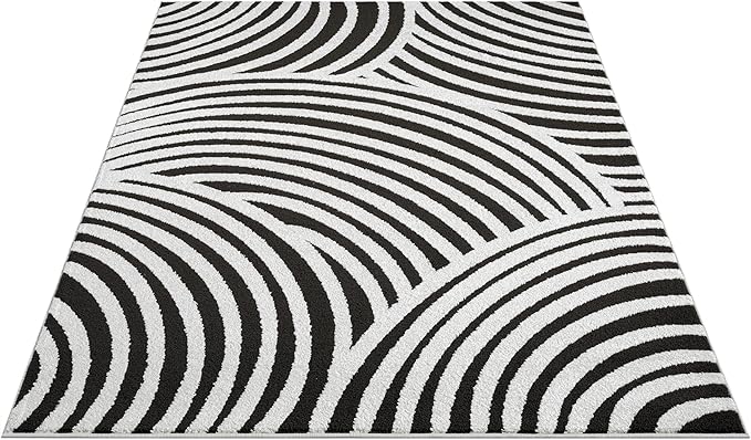 Abani Nomad Cream & Black Area Rug 4' x 6' for Living Room, Bedroom - Black Linear Curves Design - Durable & Easy to Clean