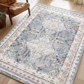Phantoscope Washable Area Rug 9'x12' Non-Slip, Vintage Neutral Rugs for Living Room, Bedroom, Dining Room, Distressed Boho Geometric Medallion Pattern, Low-Pile Foldable Floor Carpet, Dusty Blue/Multi