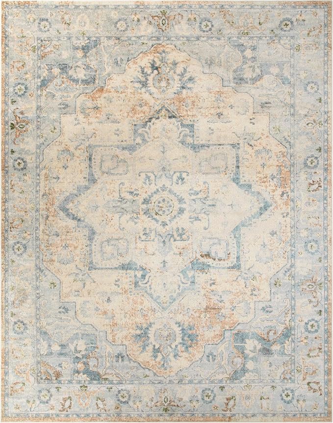 Nourison Home Astra Machine Washable Beige Blue 6'7" x 9' Area Rug - Easy Clean, Non Shedding, Bed Room, Living Room, Dining Room, Kitchen (7' x 9')