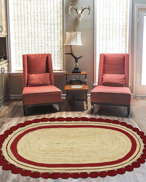 10x14 Oval Jute Rug – Solid Red Beige Kilim Style Rug, Hand Braided Natural Jute, 0.27" Thick Flatweave, Handmade Boho Carpet for Living Room, Bedroom, Dining
