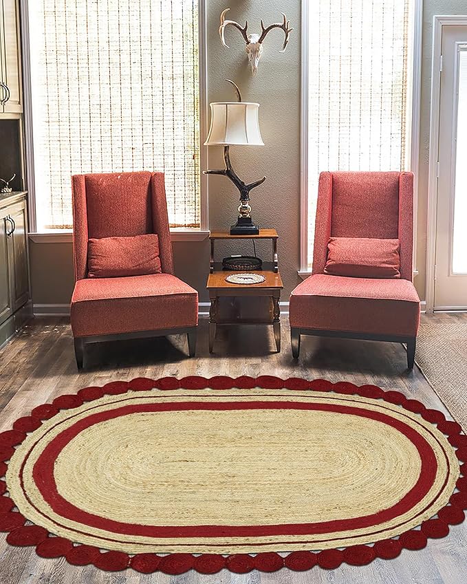 2x14 Oval Jute Runner – Hand Braided Flatweave Runner, Solid Red Beige, 0.27" Thick, Handmade Boho Natural Jute Oval Rug for Hallway, Staircase, Entryway, Corridor
