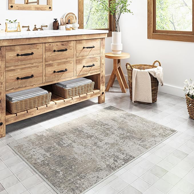 Modern Abstract Beige Gray Area Rug 2x3 Entryway Door Mat Machine Washable Bathroom Throw Carpet Kitchen Indoor Low Pile Non Slip Distressed Laundry Living Dining Room Bedroom Office