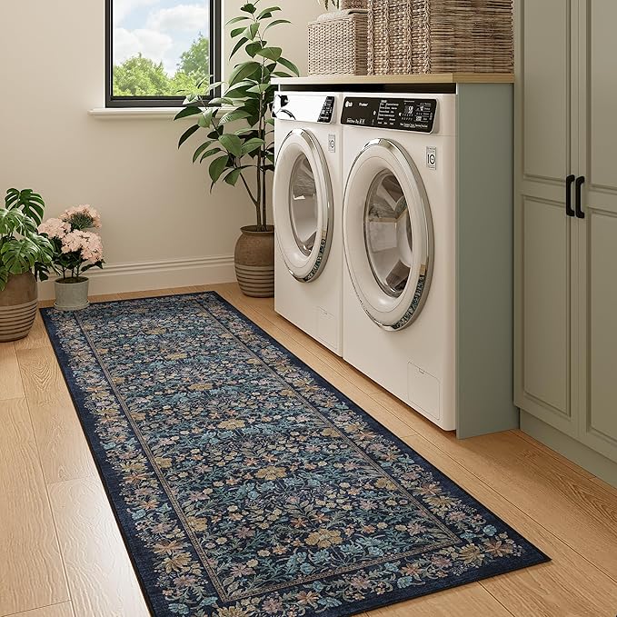 DUKINO 2x6 Runner Rug for Hallway, Washable Vintage Floral Kitchen Rug with Non Slip Backing, Soft Low Pile Throw Carpet Runner for Kitchen, Laundry, Hallway, Bathroom, Dark Blue
