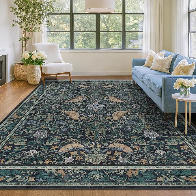 Dark Blue and Green Washable 8x10 Area Rugs for Living Room - Soft Non Slip Botanical Rug for Dining Room Under Table, Bedroom Under Bed, Vintage Large Carpet Decor Stain Resistant