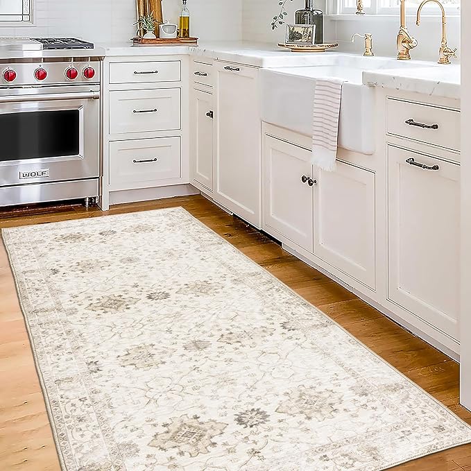 ReaLife Rugs Machine Washable Area Rug Runner - Living Room Bedroom Bathroom Kitchen Entryway Office - Padded Low Pile Stain Resistant Premium - Boho Farmhouse Vintage - BEV - Beige 2'6" x 10'