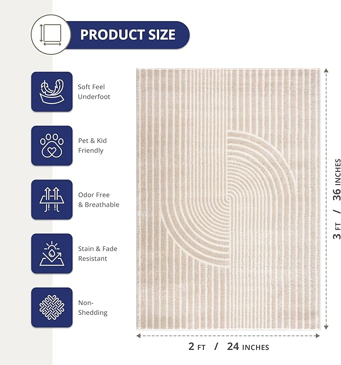 Abani Area Rug for Living Room -Nuevo 2' x 3' Beige Arch Pattern Area Rug, Soft and Durable Living Room Rug, Stain and Fade Resistant, Chic Modern Design, Pet & Kid Friendly