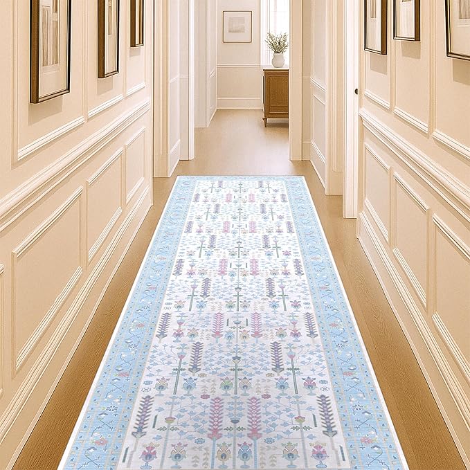 Cream Blue Oushak Runner Rug, Modern Runners, Vintage, Turkish, Eclectic, Floral, Pastel, Washable, Long Runner Rugs for Hallway, Kitchen, Living Room, Bedroom, Kitchen, Bathroom, 2'5"x13'