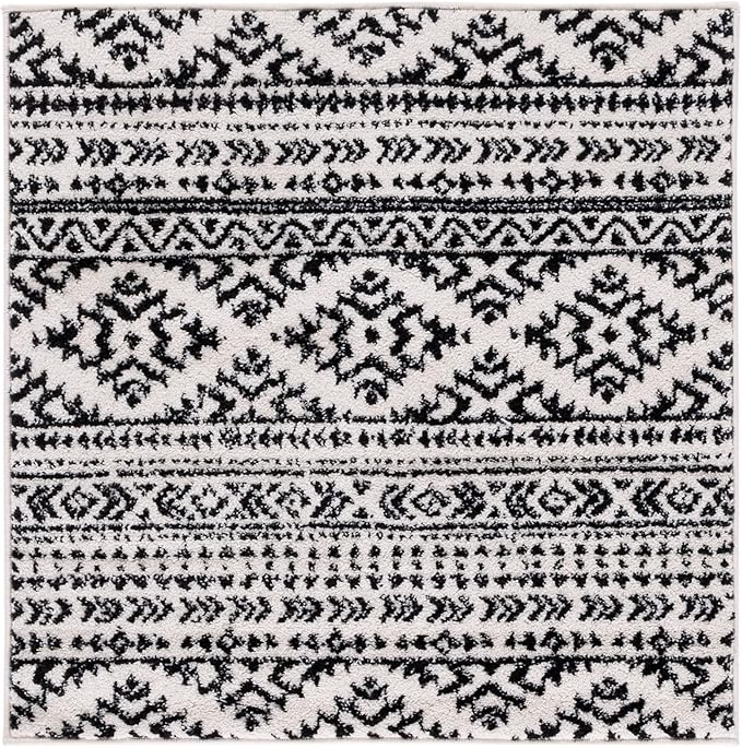 SAFAVIEH Tulum Collection Area Rug - 4' Square, Ivory & Black, Moroccan Boho Tribal Design, Non-Shedding & Easy to Clean, Ideal for Living Room, Bedroom, Dining Space (TUL272B)