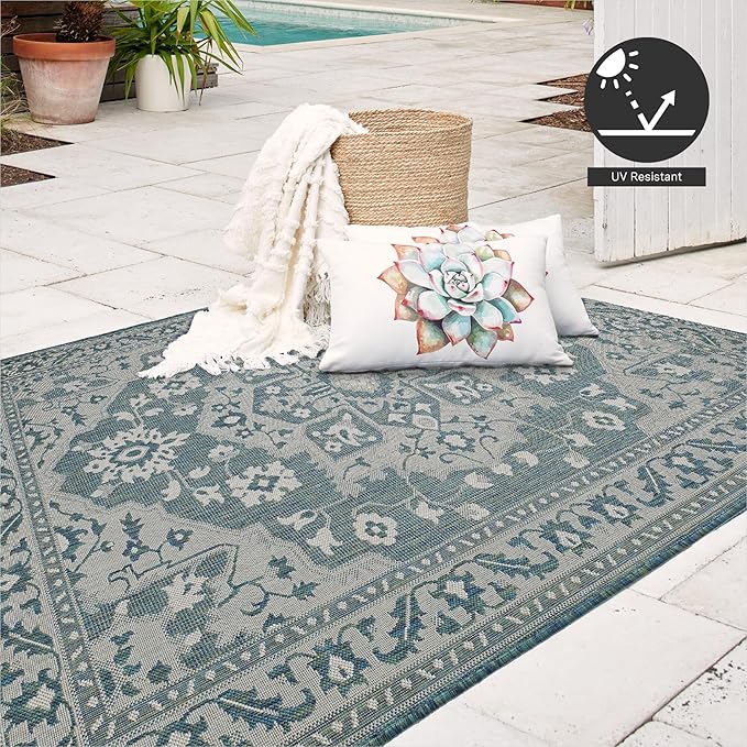 FH Home Flat Woven Outdoor Rug - Waterproof, Easy to Clean, Stain Resistant - Premium Polypropylene Yarn - Vintage - Patio, Porch, Deck, Balcony - Shiraz - Ocean - 5ft 4in x 7ft 6in