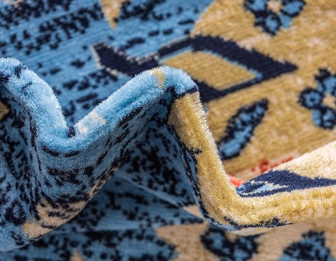 Unique Loom Taftan Collection Border Geometric Tribal Inspired Design Area Rug (6' 0 x 9' 0 Rectangular, Light Blue/ Gold)